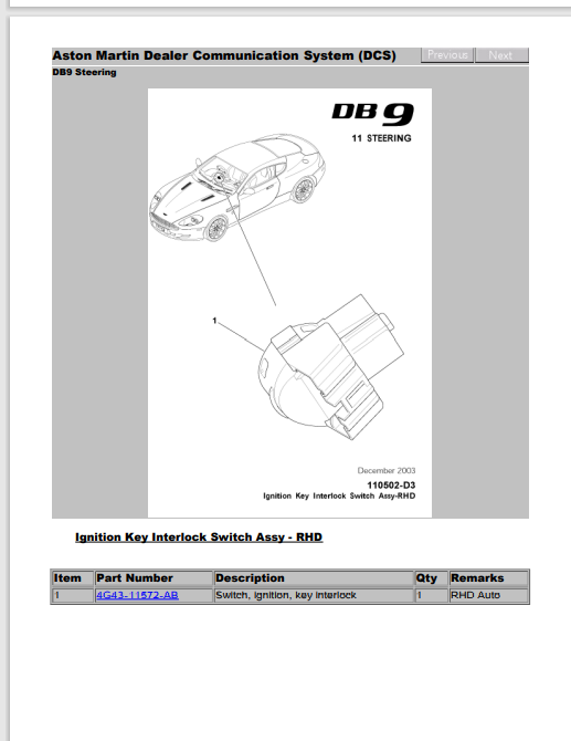Aston Martin DB9 & DB9 Volante Parts Manual – 2004-2012 – Reprinted A4 Comb Bound – UK Made
