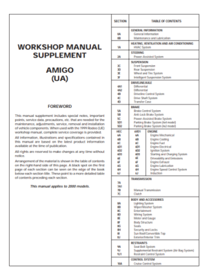 Isuzu Amigo UA Workshop Manual Supplement 2000 Model Year PDF EBook Instant Download