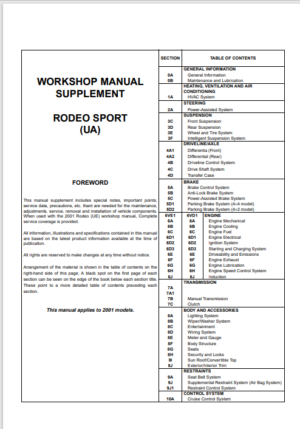 Isuzu Rodeo Sport UA Workshop Manual Supplement 2001 Model Year PDF EBook Instant Download