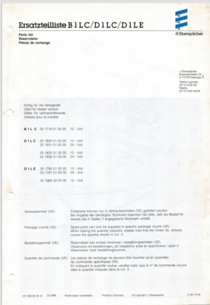 Eberspacher Air Heaters BILC DILC DILE Parts Catalogue 1995 PDF EBook Instant Download