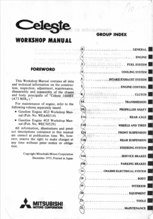 Mitsubishi Colt Celeste Chassis And Body Workshop Manual 1975 CA150210 PDF EBook Instant Download