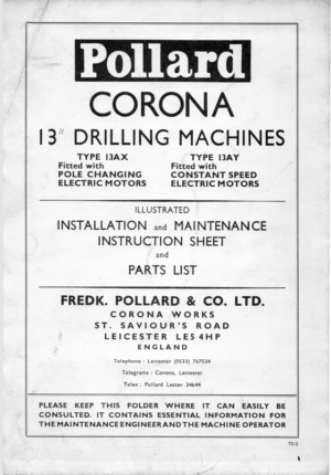 Pollard Corona 13 Inch Drilling Machines Installation And Parts List 7312 PDF EBook Instant Download