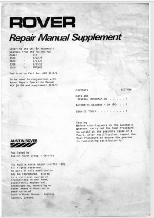 Rover GM180 Auto Gearbox Repair Manual Supplement 1983 AKM3616/6 PDF EBook Instant Download