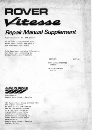 Rover Vitesse Repair Manual Supplement 1983 3616/7 PDF EBook Instant Download